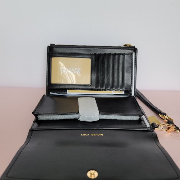 MICHAEL KORS Jet Set Charm Pebble Leather Large Flap Phone Wristlet-Black - Picture 15 of 16